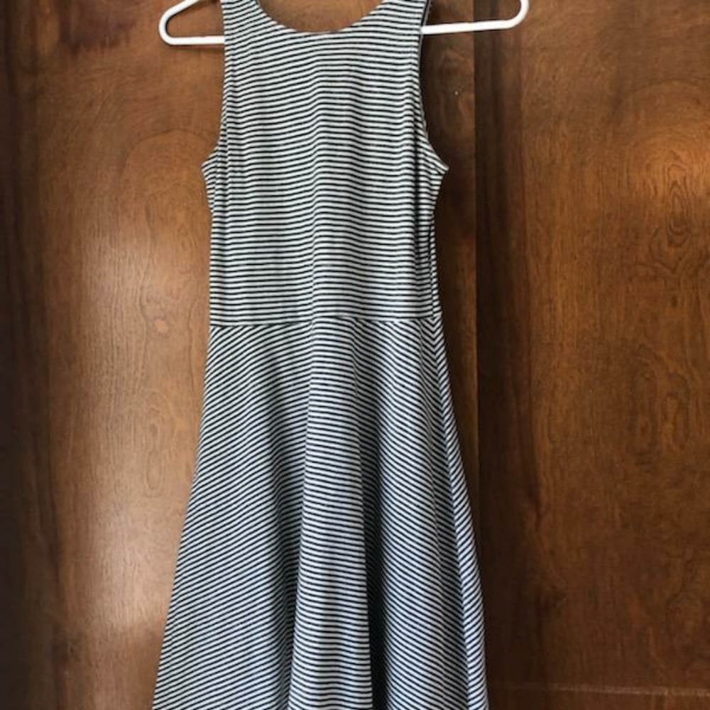 Black and white striped fit and flare dress